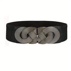 Black Elastic Waist Belt with Decorative Silver Knot Buckle